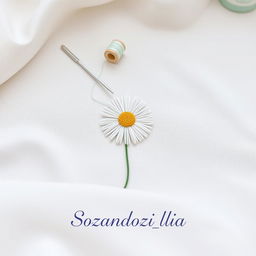 A minimalist and artistic design featuring a needle and thread sewing a daisy flower