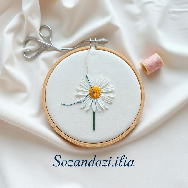 A minimalist and artistic design featuring a needle and thread sewing a daisy flower