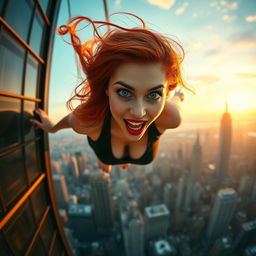 A sexy redhead woman with stunning blue eyes and vibrant red lips, her hair flowing dramatically as she falls off a skyscraper