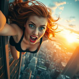 A sexy redhead woman with stunning blue eyes and vibrant red lips, her hair flowing dramatically as she falls off a skyscraper