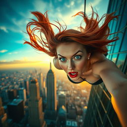 A sexy redhead woman with stunning blue eyes and vibrant red lips, her hair flowing dramatically as she falls off a skyscraper