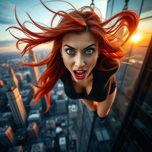 A sexy redhead woman with stunning blue eyes and vibrant red lips, her hair flowing dramatically as she falls off a skyscraper