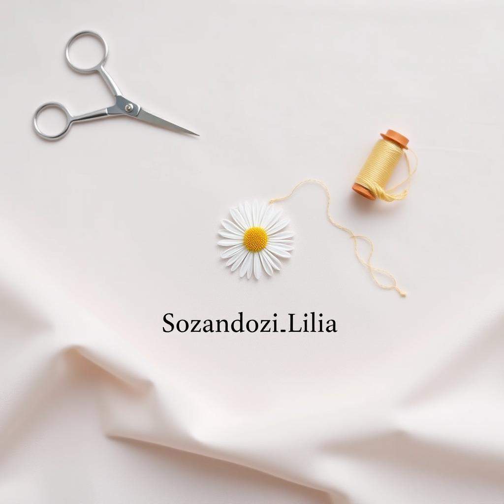 A minimalist and artistic design featuring a sewing needle and thread stitching a daisy flower