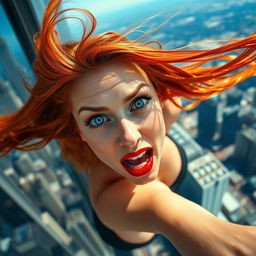 A stunning, sexy redhead woman with striking blue eyes and vibrant red lips, her long hair flowing dramatically in the wind, captured in a moment of suspense as she appears to be falling off a tall skyscraper