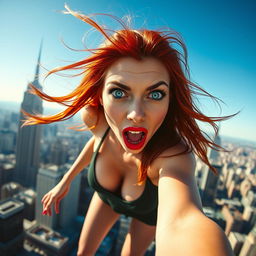 A stunning, sexy redhead woman with striking blue eyes and vibrant red lips, her long hair flowing dramatically in the wind, captured in a moment of suspense as she appears to be falling off a tall skyscraper