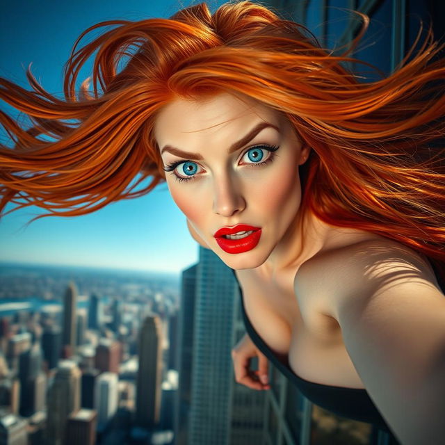 A stunning, sexy redhead woman with striking blue eyes and vibrant red lips, her long hair flowing dramatically in the wind, captured in a moment of suspense as she appears to be falling off a tall skyscraper