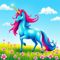 A vibrant blue and red unicorn standing majestically on a lush green meadow