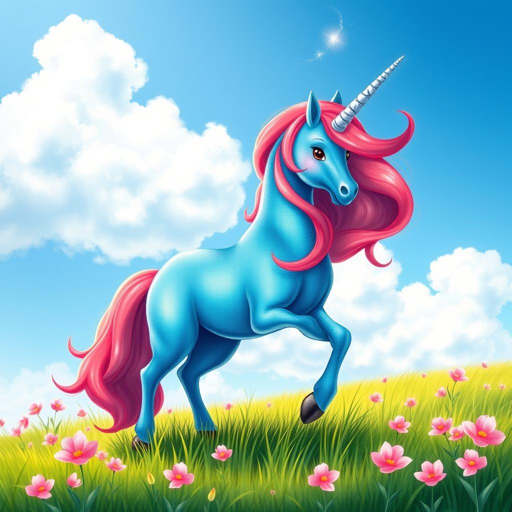 A vibrant blue and red unicorn standing majestically on a lush green meadow