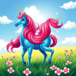 A vibrant blue and red unicorn standing majestically on a lush green meadow