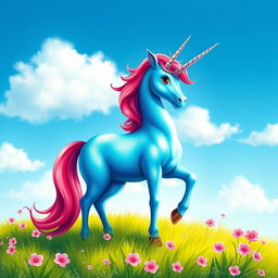 A vibrant blue and red unicorn standing majestically on a lush green meadow