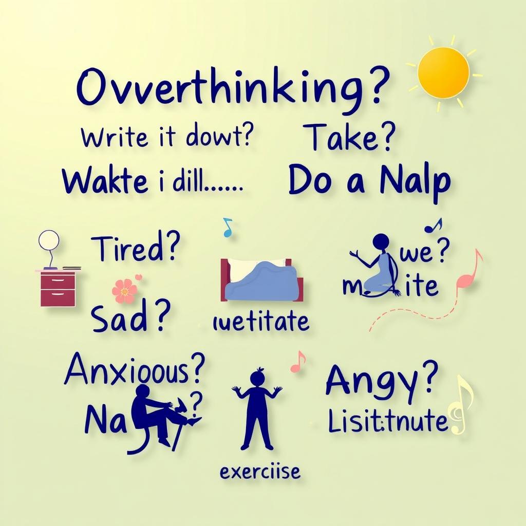 A visually engaging and motivational illustration that creatively incorporates the following phrases: "Overthinking? Write it down