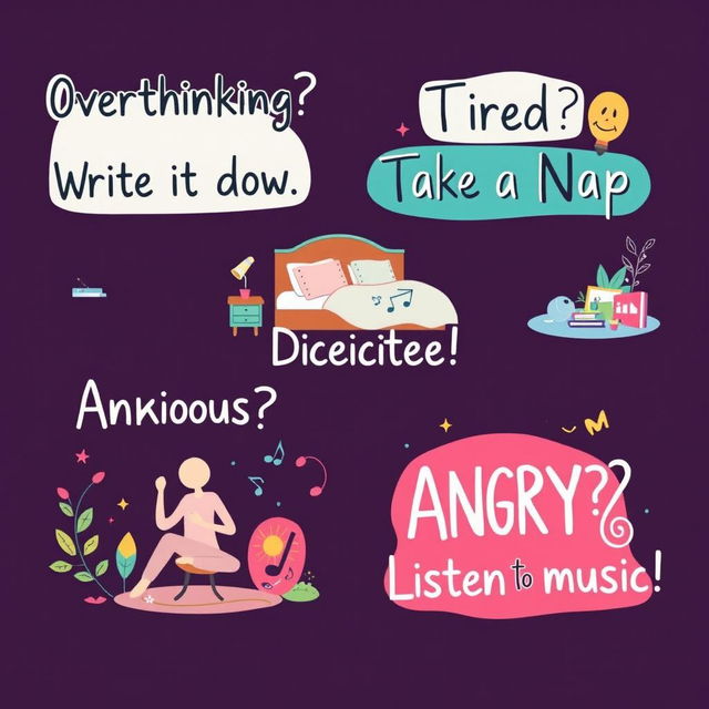 A visually engaging and motivational illustration that creatively incorporates the following phrases: "Overthinking? Write it down