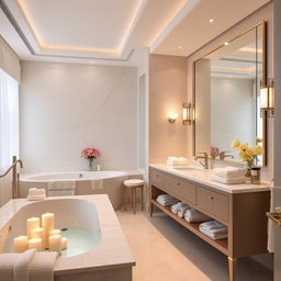 A luxurious and modern bathroom featuring elegant fixtures and tasteful decor