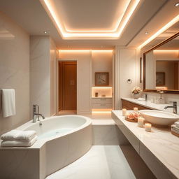 A luxurious and modern bathroom featuring elegant fixtures and tasteful decor