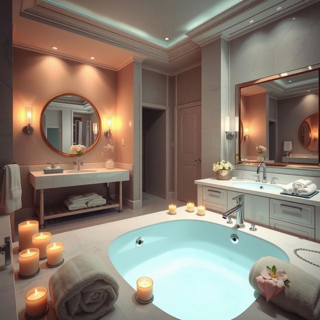 A luxurious and modern bathroom featuring elegant fixtures and tasteful decor