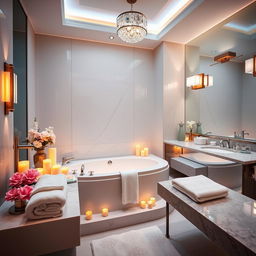 A luxurious and modern bathroom featuring elegant fixtures and tasteful decor