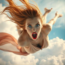 A sexy redhead woman with striking blue eyes and bright red lips, her long hair flowing dramatically as she falls gracefully from the sky