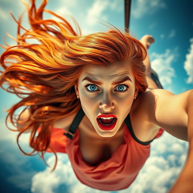 A sexy redhead woman with striking blue eyes and bright red lips, her long hair flowing dramatically as she falls gracefully from the sky