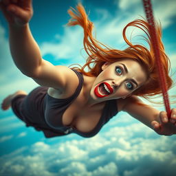 A sexy redhead woman with striking blue eyes and bright red lips, her long hair flowing dramatically as she falls gracefully from the sky