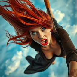 A sexy redhead woman with striking blue eyes and bright red lips, her long hair flowing dramatically as she falls gracefully from the sky