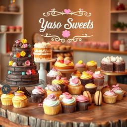 An inviting and beautifully arranged display of assorted cakes and pastries, featuring a variety of flavors and styles, such as a multi-tiered chocolate cake with intricate decorations, vibrant cupcakes with colorful frosting, and delicate macarons