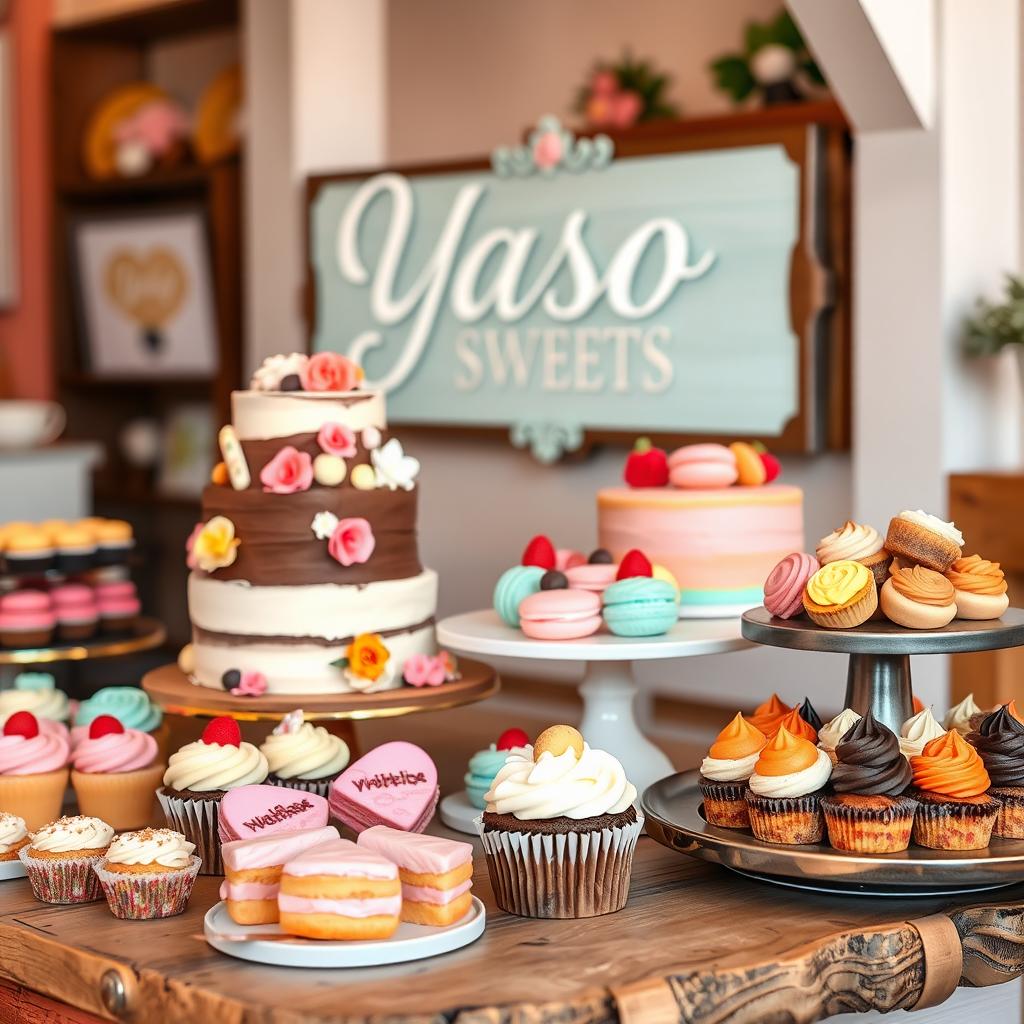 An inviting and beautifully arranged display of assorted cakes and pastries, featuring a variety of flavors and styles, such as a multi-tiered chocolate cake with intricate decorations, vibrant cupcakes with colorful frosting, and delicate macarons