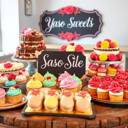 An inviting and beautifully arranged display of assorted cakes and pastries, featuring a variety of flavors and styles, such as a multi-tiered chocolate cake with intricate decorations, vibrant cupcakes with colorful frosting, and delicate macarons