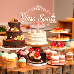 An inviting and beautifully arranged display of assorted cakes and pastries, featuring a variety of flavors and styles, such as a multi-tiered chocolate cake with intricate decorations, vibrant cupcakes with colorful frosting, and delicate macarons