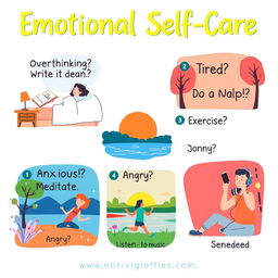 A visually engaging and motivational illustration displaying five tips for emotional self-care in an artistic and colorful way