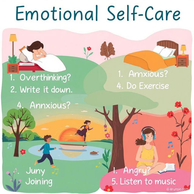 A visually engaging and motivational illustration displaying five tips for emotional self-care in an artistic and colorful way