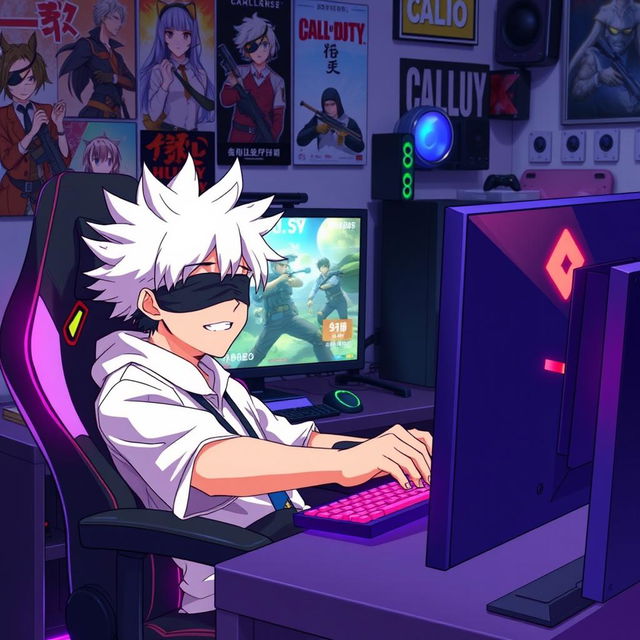 A humorous scene featuring Satoru Gojo from the anime Jujutsu Kaisen, sitting in a gaming chair and playing Call of Duty