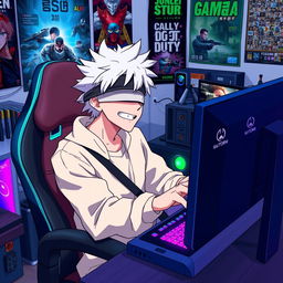 A humorous scene featuring Satoru Gojo from the anime Jujutsu Kaisen, sitting in a gaming chair and playing Call of Duty