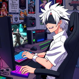 A humorous scene featuring Satoru Gojo from the anime Jujutsu Kaisen, sitting in a gaming chair and playing Call of Duty