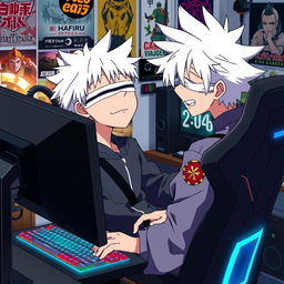 A humorous scene featuring Satoru Gojo from the anime Jujutsu Kaisen, sitting in a gaming chair and playing Call of Duty