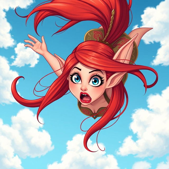 A sexy redhead toon elf woman with vibrant blue eyes and luscious red lips falling from the sky