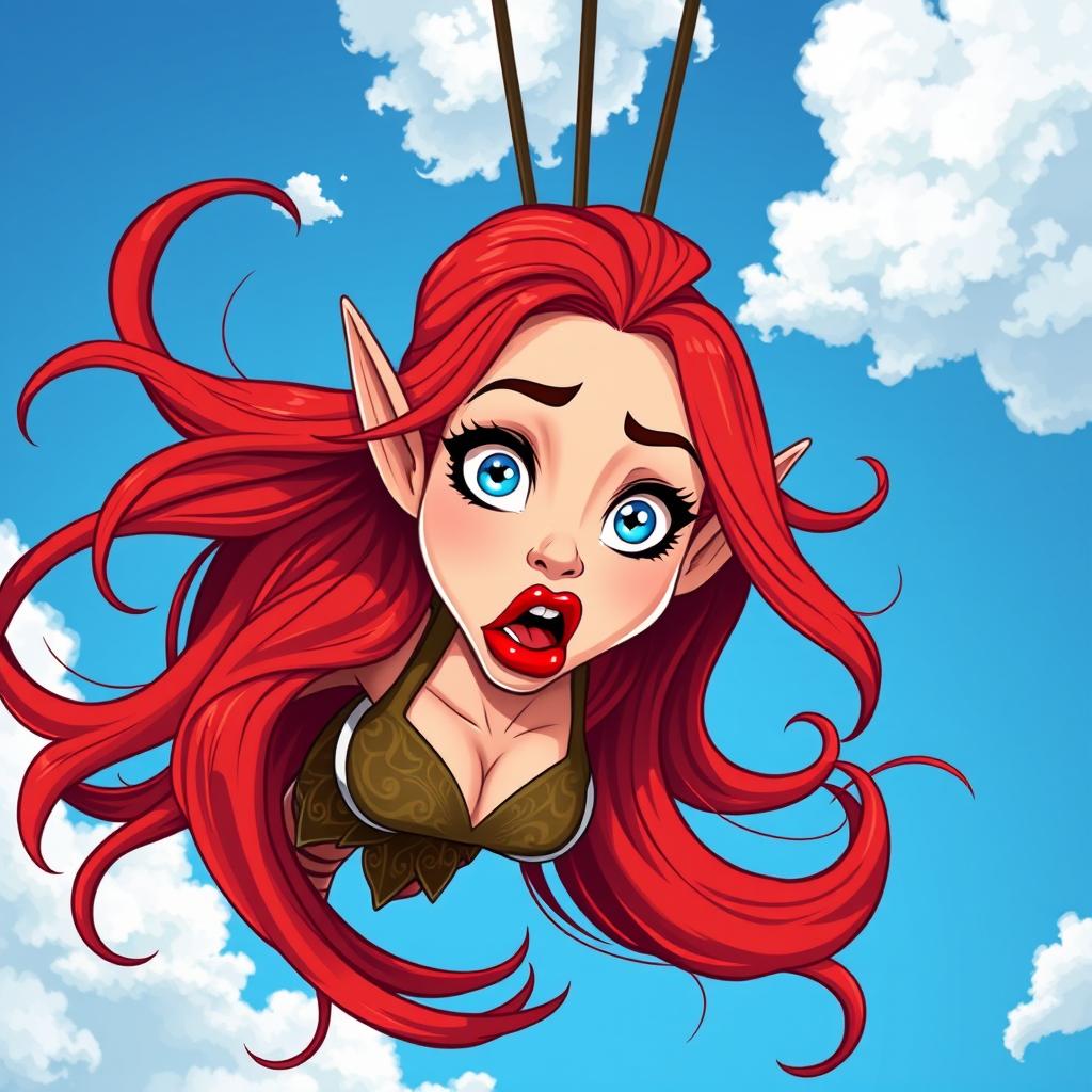 A sexy redhead toon elf woman with vibrant blue eyes and luscious red lips falling from the sky