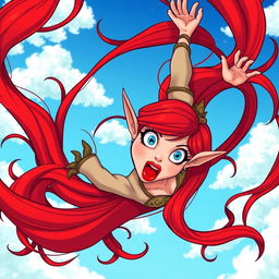 A sexy redhead toon elf woman with vibrant blue eyes and luscious red lips falling from the sky
