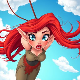 A sexy redhead toon elf woman with vibrant blue eyes and luscious red lips falling from the sky