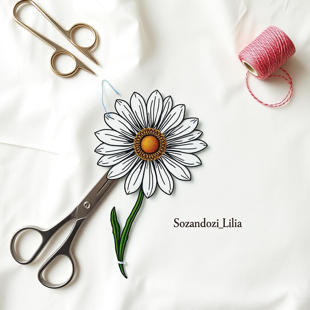 An artistic and detailed design featuring a needle and thread sewing a daisy flower intricately