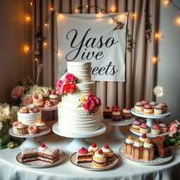 A delightful and visually appealing setup featuring a variety of gourmet cakes and pastries, showcasing an exquisite multi-tiered wedding cake adorned with fresh flowers, colorful and creative cupcakes, and artisanal brownies