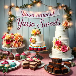 A delightful and visually appealing setup featuring a variety of gourmet cakes and pastries, showcasing an exquisite multi-tiered wedding cake adorned with fresh flowers, colorful and creative cupcakes, and artisanal brownies