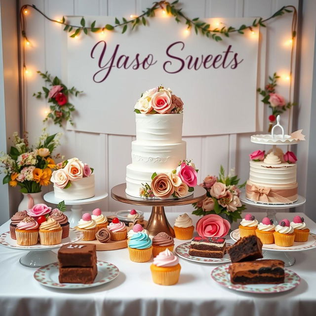 A delightful and visually appealing setup featuring a variety of gourmet cakes and pastries, showcasing an exquisite multi-tiered wedding cake adorned with fresh flowers, colorful and creative cupcakes, and artisanal brownies