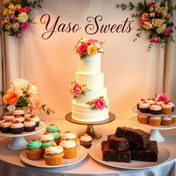 A delightful and visually appealing setup featuring a variety of gourmet cakes and pastries, showcasing an exquisite multi-tiered wedding cake adorned with fresh flowers, colorful and creative cupcakes, and artisanal brownies
