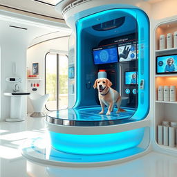An advanced technological dog grooming area inside a futuristic home
