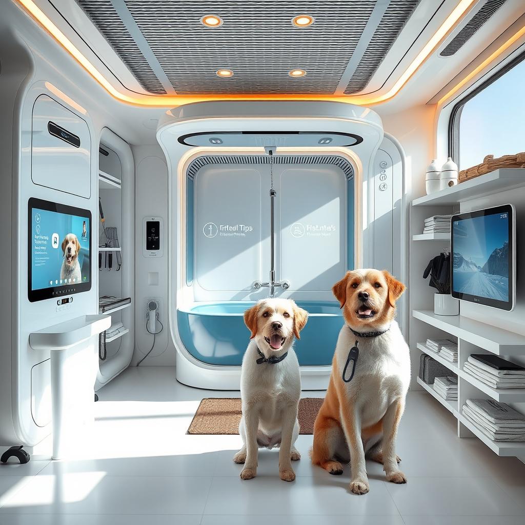 An advanced technological dog grooming area inside a futuristic home