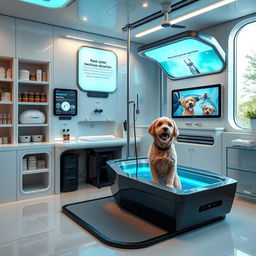 An advanced technological dog grooming area inside a futuristic home