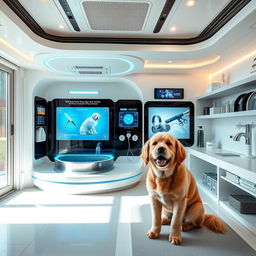 An advanced technological dog grooming area inside a futuristic home