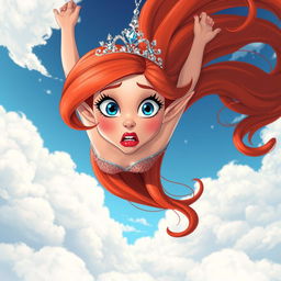 A sexy redhead toon elf princess with a sparkling tiara, vivid blue eyes, and luscious red lips, falling dramatically from the sky