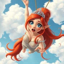 A sexy redhead toon elf princess with a sparkling tiara, vivid blue eyes, and luscious red lips, falling dramatically from the sky