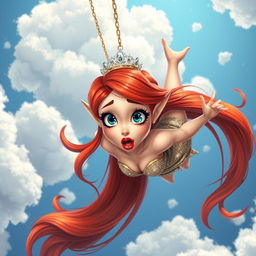 A sexy redhead toon elf princess with a sparkling tiara, vivid blue eyes, and luscious red lips, falling dramatically from the sky